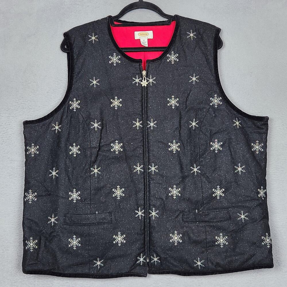 Talbots Vest Womens 2X Black Snowflake Embroidered Zip Front Lined Wool Blend